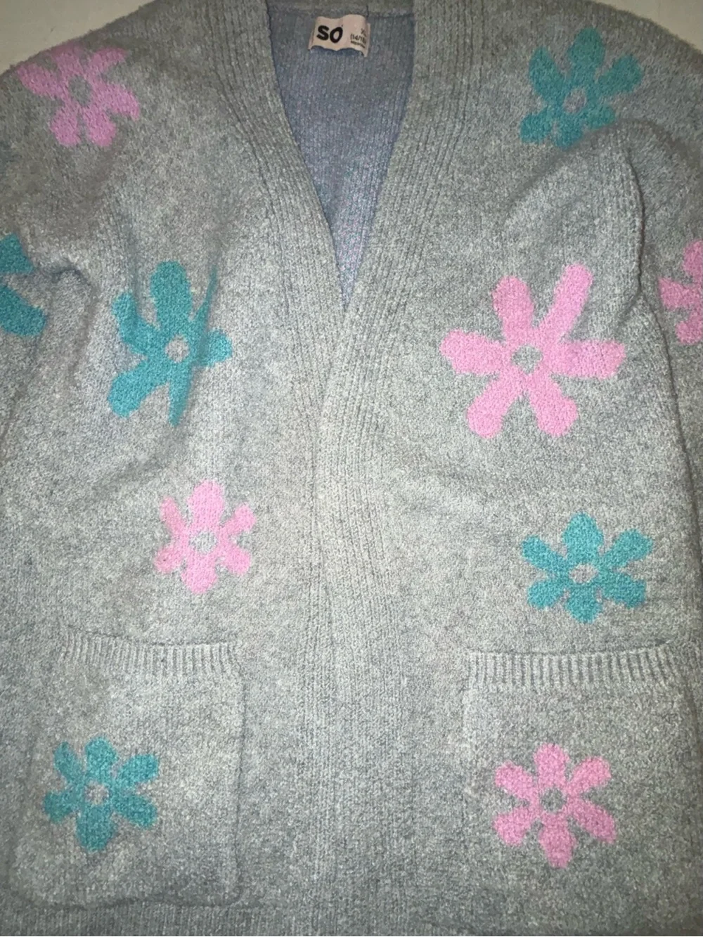 SO Gray Open-Front Floral Cardigan with Pink & Teal Flowers
